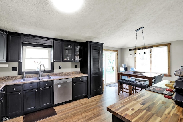 kitchen with a sink, dark cabinets, stainless steel dishwasher, and light wood-style flooring