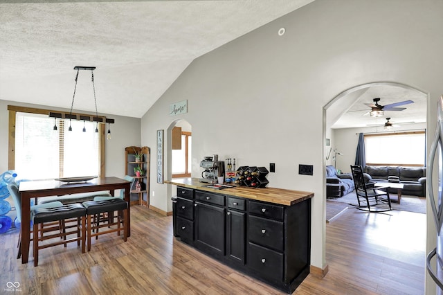 kitchen featuring ceiling fan, dark cabinets, arched walkways, light wood-style flooring, and vaulted ceiling