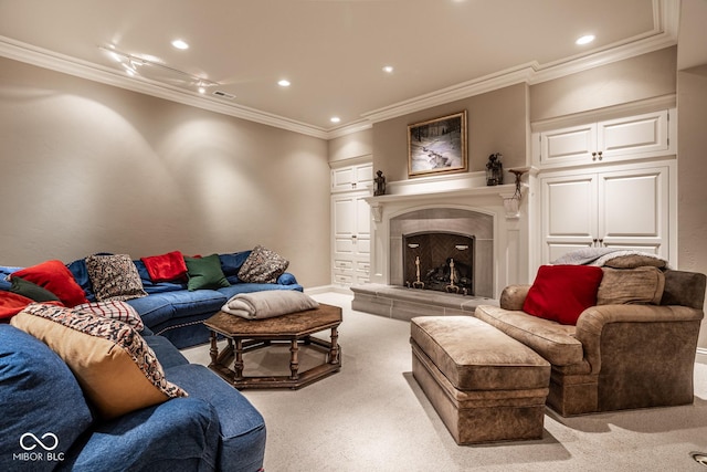carpeted living room featuring crown molding, visible vents, a fireplace, baseboards, and recessed lighting