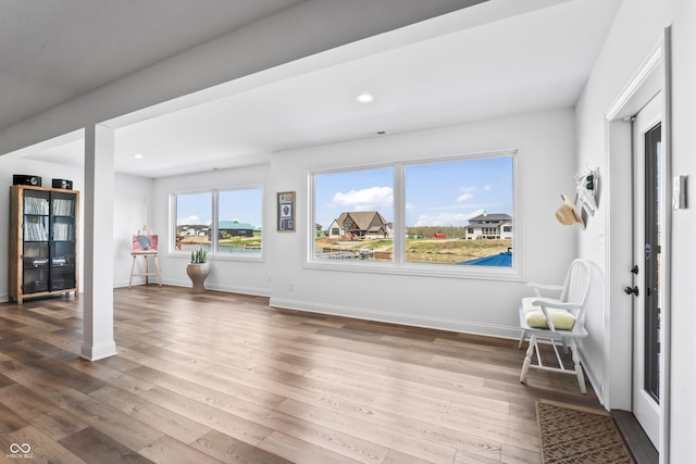 interior space with baseboards, wood-type flooring, and recessed lighting