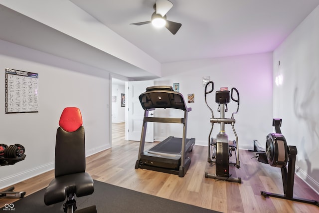 workout room featuring baseboards, ceiling fan, and wood finished floors
