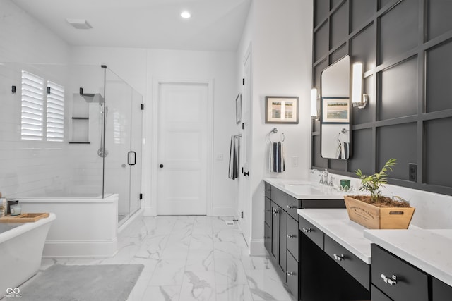 bathroom featuring baseboards, a shower stall, recessed lighting, and marble finish floor