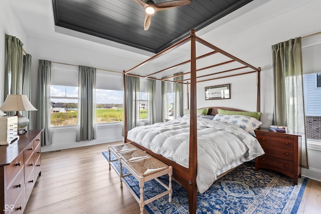 bedroom featuring a raised ceiling and light wood-type flooring