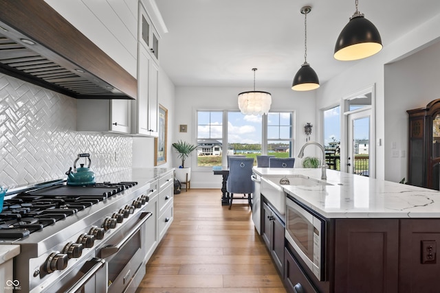 kitchen with white cabinets, a sink, ventilation hood, stainless steel appliances, and tasteful backsplash