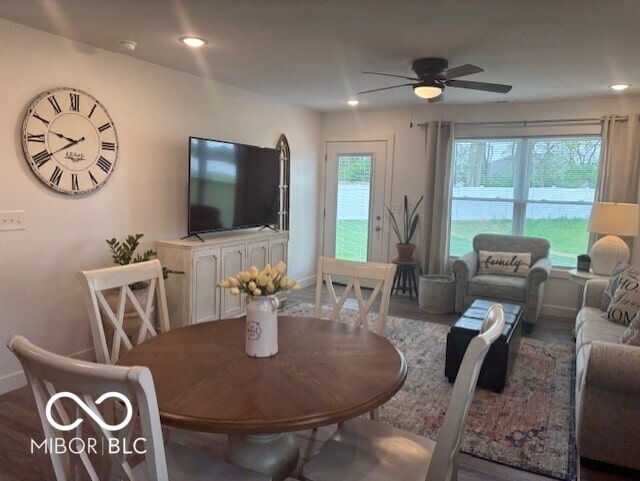 1511 Coen Ct, Columbus, IN 47201 - dining room featuring wood finished floors, ceiling fan, plenty of natural light, and recessed lighting