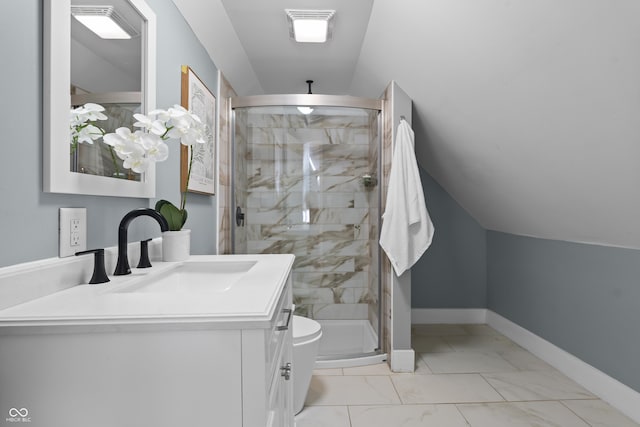 629 N Keystone Ave, Indianapolis, IN 46201 - full bathroom featuring vanity, a stall shower, marble look tile flooring, baseboards, and lofted ceiling