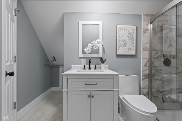 629 N Keystone Ave, Indianapolis, IN 46201 - bathroom featuring marble look tile flooring, a shower stall, vanity, and toilet