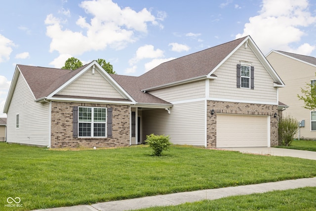view of front of house featuring roof with shingles, concrete driveway, a front yard, and brick siding