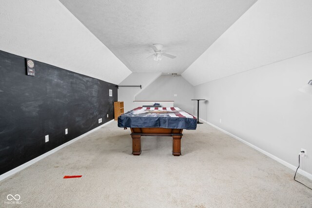 game room with baseboards, carpet, a ceiling fan, and lofted ceiling