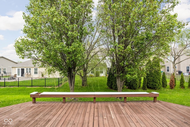 wooden deck featuring fence and a yard