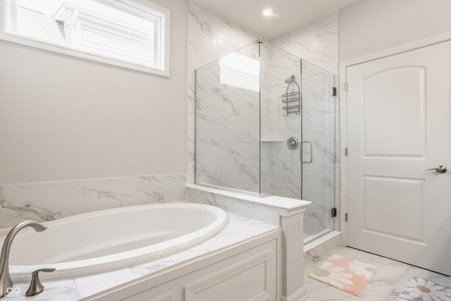 14878 Anees Ln, Fishers, IN 46040 - bathroom featuring marble finish floors, a bath, a marble finish shower, and recessed lighting