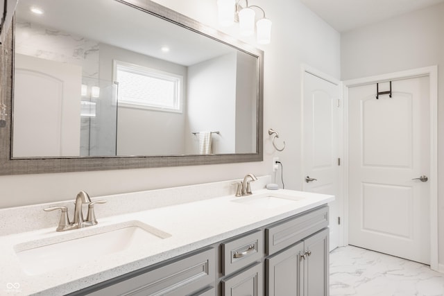 14878 Anees Ln, Fishers, IN 46040 - bathroom featuring marble look tiles, double vanity, and a shower