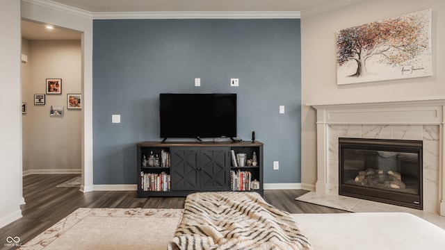 14878 Anees Ln, Fishers, IN 46040 - living area with wood finished floors, crown molding, baseboards, and a high end fireplace