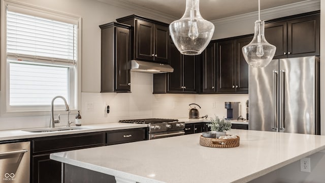 14878 Anees Ln, Fishers, IN 46040 - kitchen featuring high end appliances, a sink, a center island, under cabinet range hood, and decorative backsplash