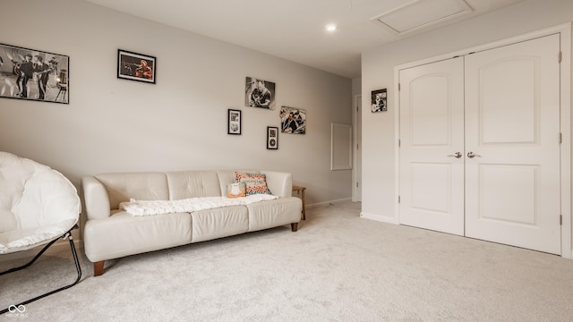 14878 Anees Ln, Fishers, IN 46040 - carpeted living room featuring attic access, baseboards, and recessed lighting