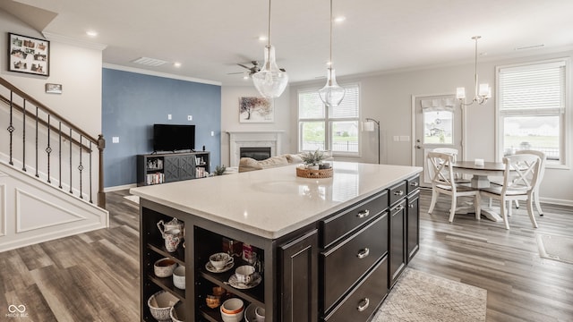 14878 Anees Ln, Fishers, IN 46040 - kitchen featuring wood finished floors, a ceiling fan, crown molding, baseboards, and a high end fireplace