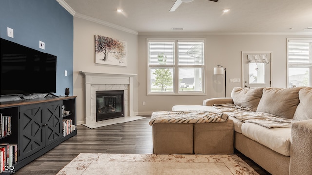 14878 Anees Ln, Fishers, IN 46040 - living room with healthy amount of natural light, crown molding, a ceiling fan, dark wood-style floors, and baseboards