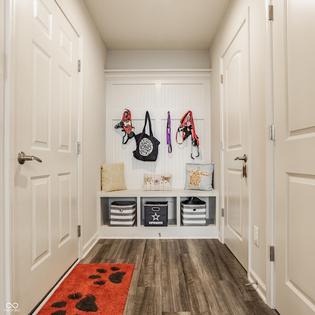 14878 Anees Ln, Fishers, IN 46040 - mudroom featuring dark wood-type flooring and baseboards