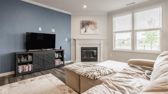 14878 Anees Ln, Fishers, IN 46040 - living area featuring wood finished floors, baseboards, crown molding, and a premium fireplace
