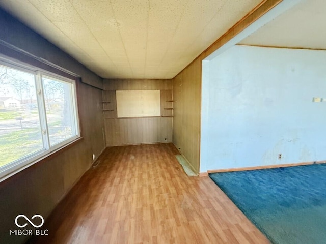 unfurnished room featuring light wood-style floors, wood walls, and baseboards
