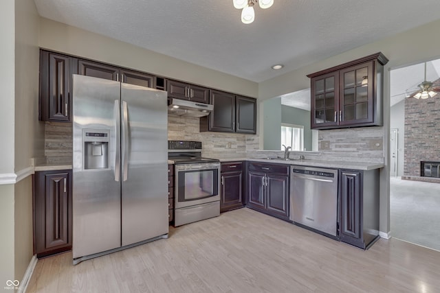 kitchen featuring under cabinet range hood, stainless steel appliances, a sink, and light wood-type flooring