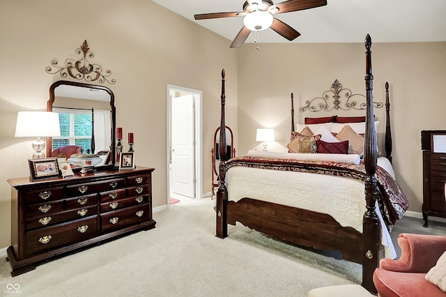 bedroom with a ceiling fan, baseboards, and light colored carpet