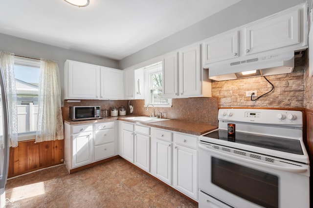 kitchen with electric range, white cabinetry, stainless steel microwave, under cabinet range hood, and a sink
