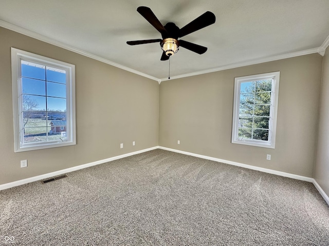 spare room featuring carpet flooring, visible vents, baseboards, ceiling fan, and ornamental molding