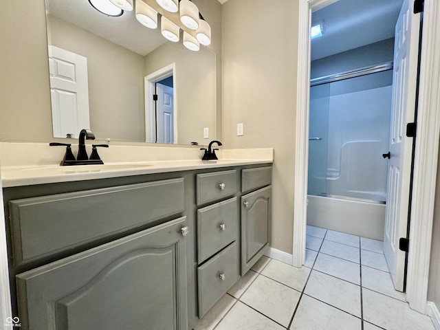 bathroom with tile patterned floors, shower / washtub combination, double vanity, and a sink