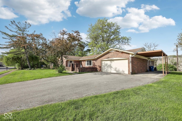 1416 Wellington Ave, Indianapolis, IN 46219 - single story home featuring a garage, aphalt driveway, a front yard, an attached carport, and brick siding