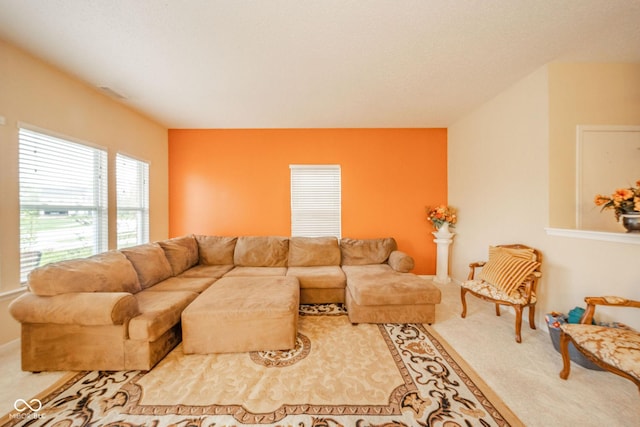 living area featuring carpet