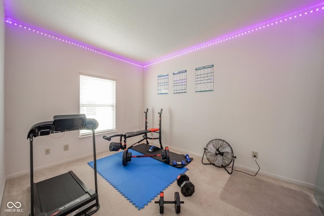workout area with baseboards and carpet flooring