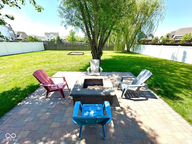 view of patio / terrace featuring an outdoor fire pit and a residential view