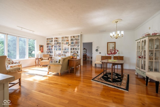 476 Glenview Dr, Greencastle, IN 46135 - living room featuring light wood-type flooring, a chandelier, track lighting, ornamental molding, and a textured ceiling