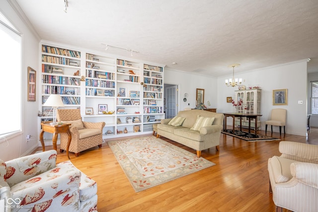 476 Glenview Dr, Greencastle, IN 46135 - living area featuring a chandelier, wood finished floors, ornamental molding, and rail lighting