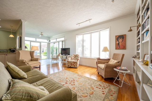 476 Glenview Dr, Greencastle, IN 46135 - living room featuring crown molding, wood finished floors, a ceiling fan, and a textured ceiling