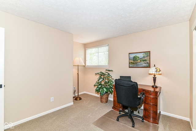 office featuring carpet flooring, a textured ceiling, and baseboards