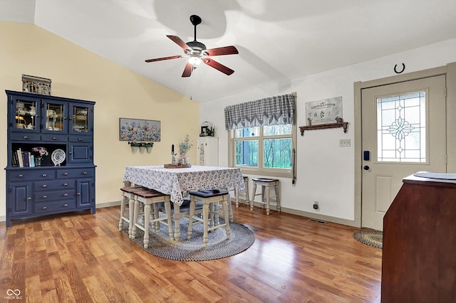 1630 N 400 W, Bargersville, IN 46106 - dining room with a ceiling fan, visible vents, light wood-type flooring, baseboards, and lofted ceiling