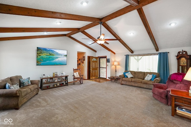 carpeted living area with recessed lighting, lofted ceiling with beams, baseboards, and a ceiling fan