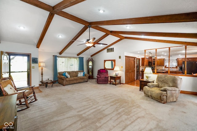 living room with light colored carpet, ceiling fan, visible vents, and lofted ceiling with beams