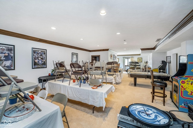 misc room featuring crown molding, visible vents, recessed lighting, and light colored carpet
