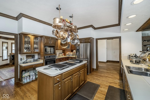 kitchen featuring light countertops, ornamental molding, a sink, and stainless steel appliances