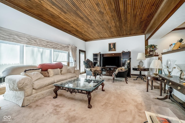 living area with crown molding, wooden ceiling, and carpet