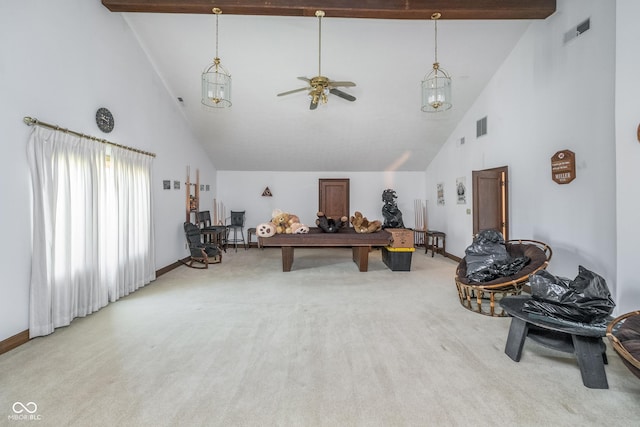 rec room featuring high vaulted ceiling, a ceiling fan, carpet flooring, and visible vents