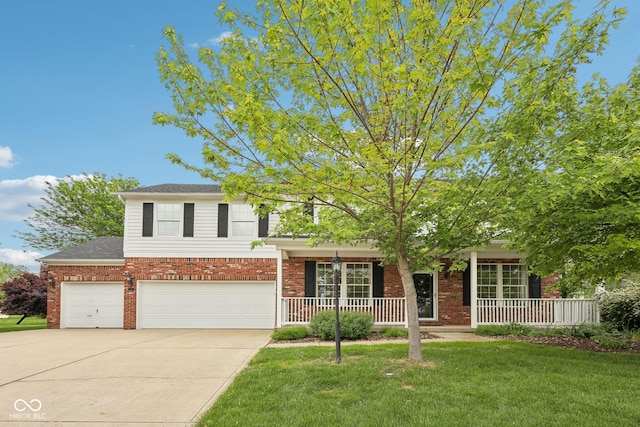 view of front of home featuring a porch, brick siding, a front lawn, and driveway