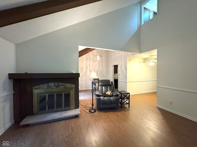 4212 Foxglove Trce, Indianapolis, IN 46237 - living area with wood finished floors, a stone fireplace, high vaulted ceiling, a ceiling fan, and baseboards