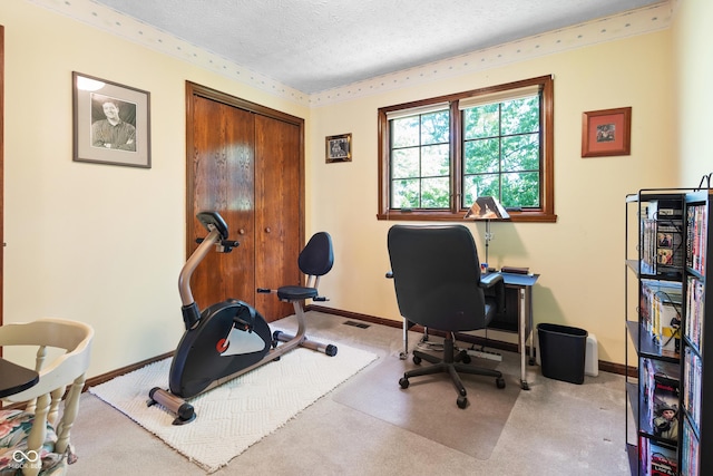 carpeted office with baseboards and a textured ceiling