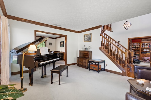 sitting room featuring baseboards, carpet flooring, stairs, and visible vents