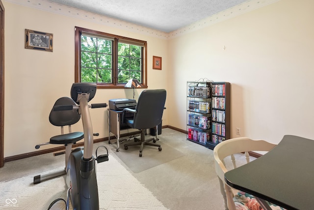 office space featuring baseboards, a textured ceiling, and light colored carpet