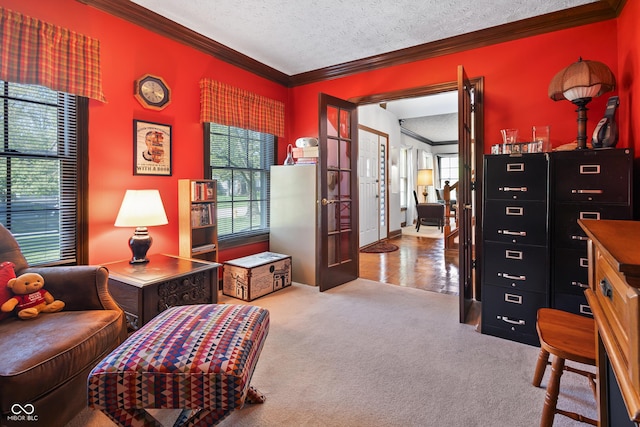 sitting room featuring crown molding, carpet, and a textured ceiling